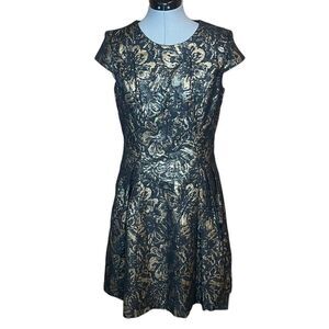 RSVP black gold print cocktail Dress size 8 short cap sleeve
